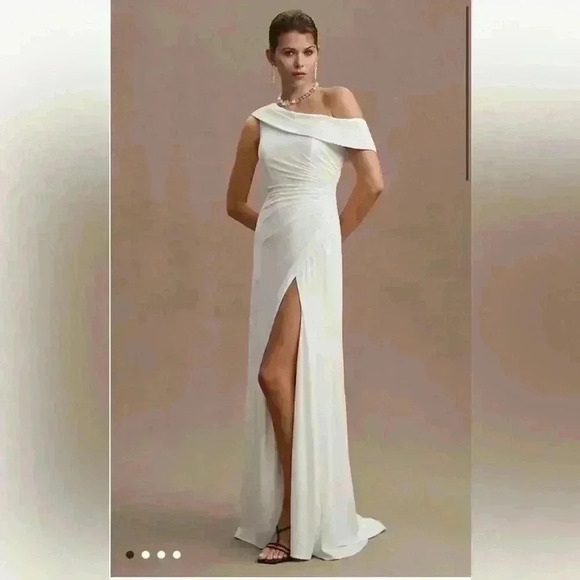 Mac Duggal One-Shoulder Ruched Jersey Gown white maxi Sz 10. NWT - Picture 2 of 10